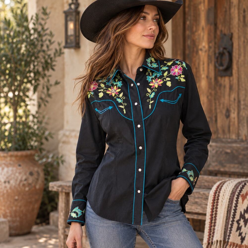 Rockmount Ranch Wear L Western Shirt Floral Embroidered Pearl Snap Black Cowgirl